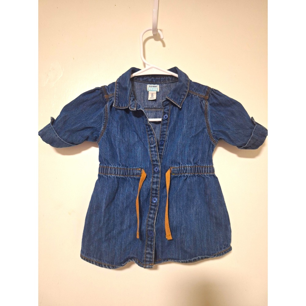 Old Navy Toddler Girls Blue Denim Shirt Dress Drawstring Waist Roll Sleeve 4T